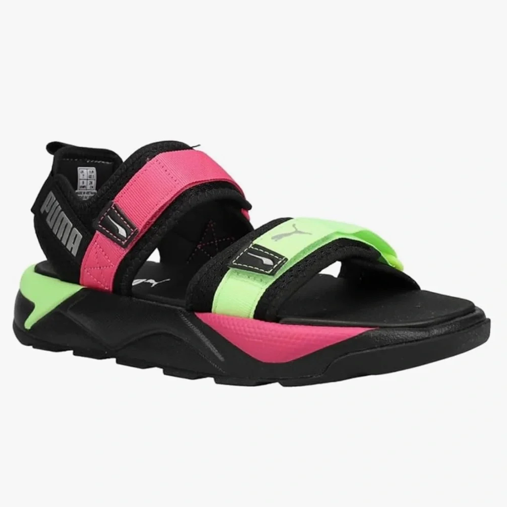 Puma Black Sandals with Pink and Green Straps - Picture 1 of 5
